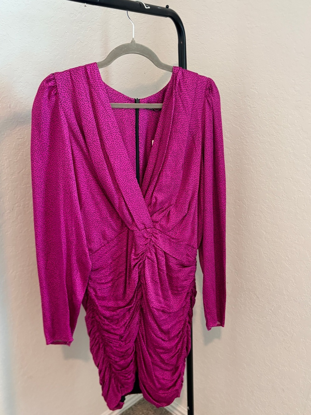Zara Fuchsia Ruched V-Neck Long Sleeve Dress